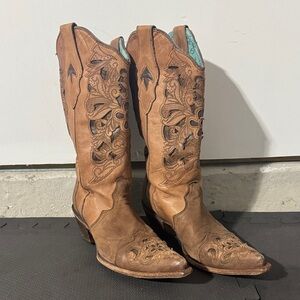Embroidered Tan Leather Heeled Boots